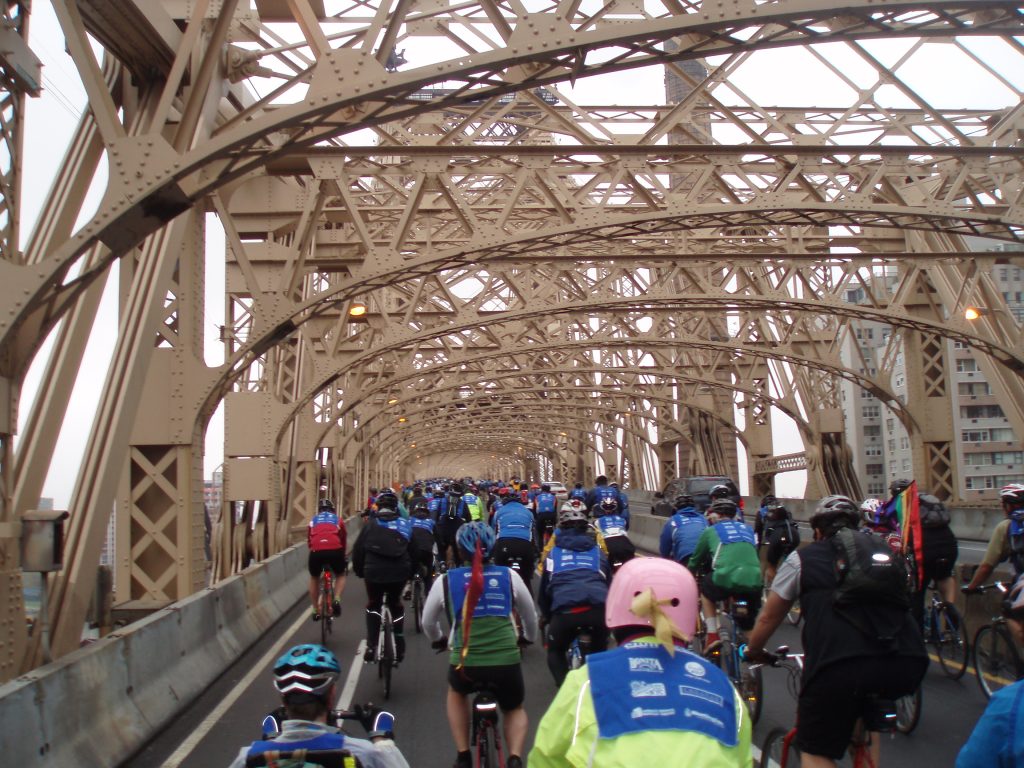 Cyclists near the summit of the Queensboro Bridge