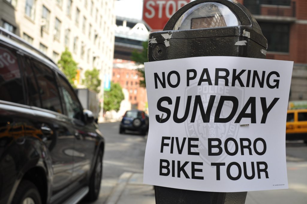 No Parking. The Five Boro Bike Tour is for riding